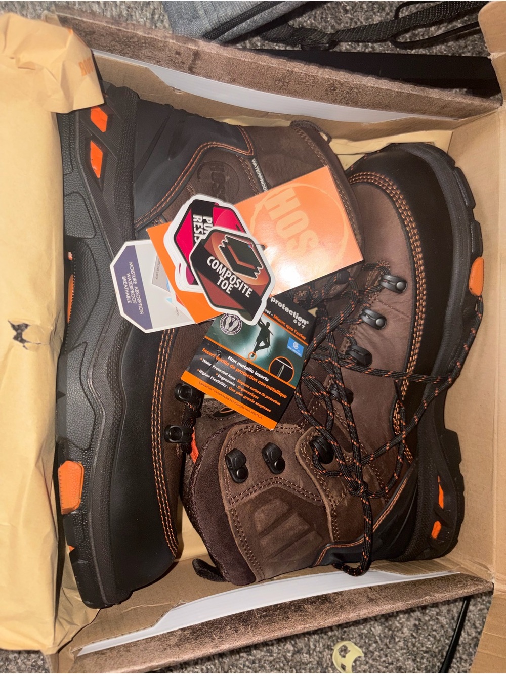 Men's Brown and Black Composite-Toe Work Boots with Orange Accents